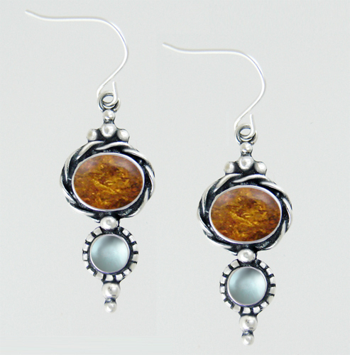 Sterling Silver Drop Dangle Earrings With Amber And Blue Topaz